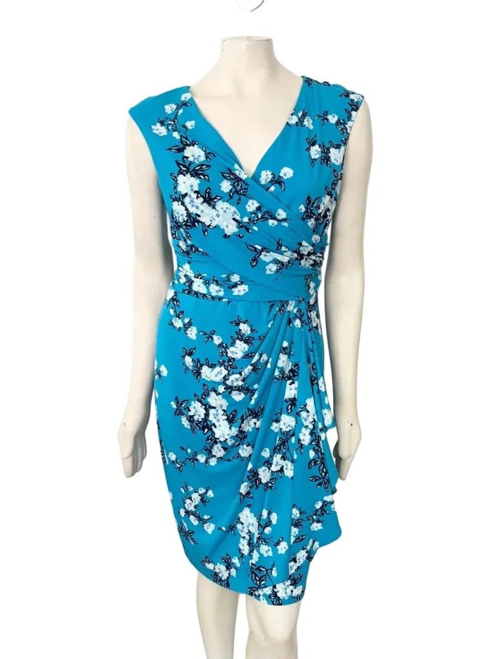 CHAPS Faux Wrap Floral Sheath Dress in Bright Sky Blue SZ M
